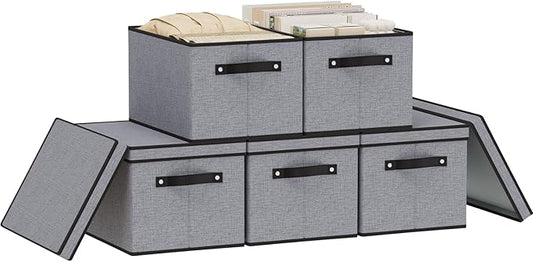 Clothing Storage Bins, Blanket Baskets for Shelves, Fabric Cubes with Handles and Lids, Decorative Linen Closet Organizers Boxes, Gray, 5 Pack, 16.5 x 11.8 x 10.2 Inch-NeatNest