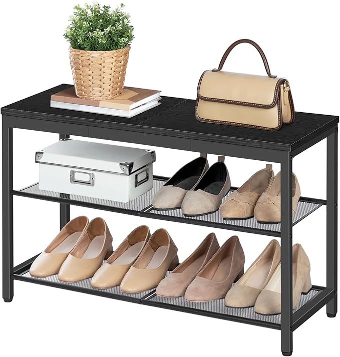 HOOBRO Shoe Bench, 3-Tier Shoe Rack, Industrial Shoe Organizer Storage Bench, 29.5 inches Entry Bench with Mesh Shelves, for Entryway, Living Room, Hallway, Easy Assembly, Black BB75HX01-NeatNest