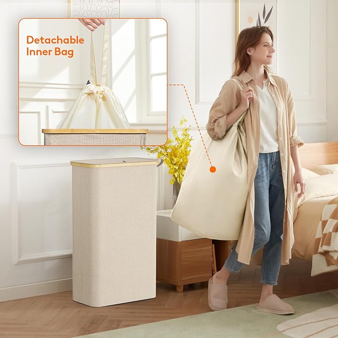 Lifewit 75L Slim Laundry Hamper with Lid, Narrow Laundry Basket with Removable Bag & Bamboo Handles, Fodable Thin Dirty Clothes Hamper for Laundry Collapsible Bin for Bathroom Bedroom Dorm, Beige-NeatNest