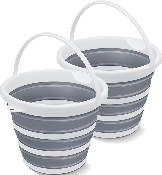 2 Pack Collapsible Bucket, 2.6 Gallon (10L) - Foldable Mop Bucket for House Cleaning, Car Washing, Camping - Portable Water Pail for Outdoor, RV, Travel (Grey, Round)-NeatNest