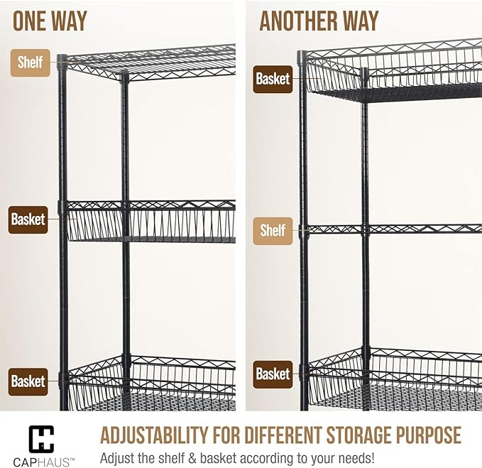 CAPHAUS NSF Commercial Heavy Duty 4 Tier Wire Shelving w/Two Rectangle Baskets, Wheels, Leveling Feet, Storage Metal Shelf, Basement Garage Shelving, Utility Wire Rack Storage Black-NeatNest