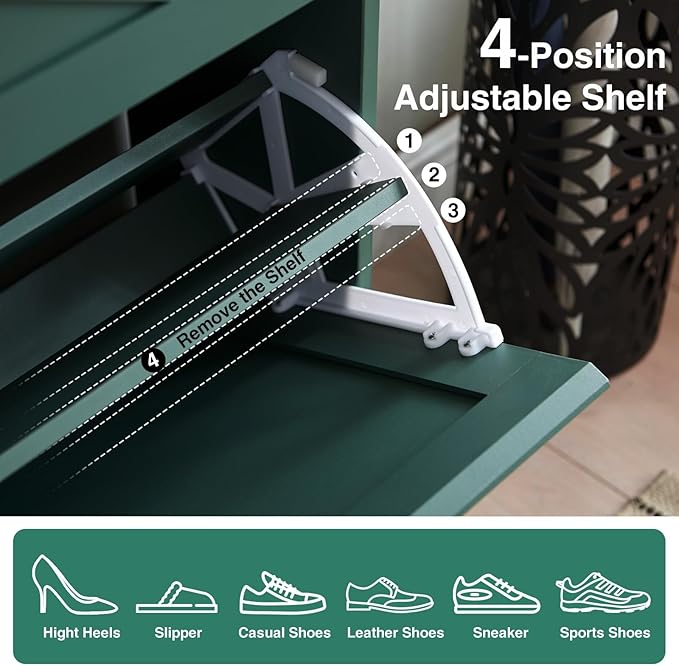 Shoe Storage Cabinet,Farmhouse Shoe Organizer with 2 Flip Drawers & Barn Door Design,Freestanding Hidden Slim Narrow Shoe Rack Cabinet with Open Storage for Entryway, Foyer,Hallway,Green-NeatNest