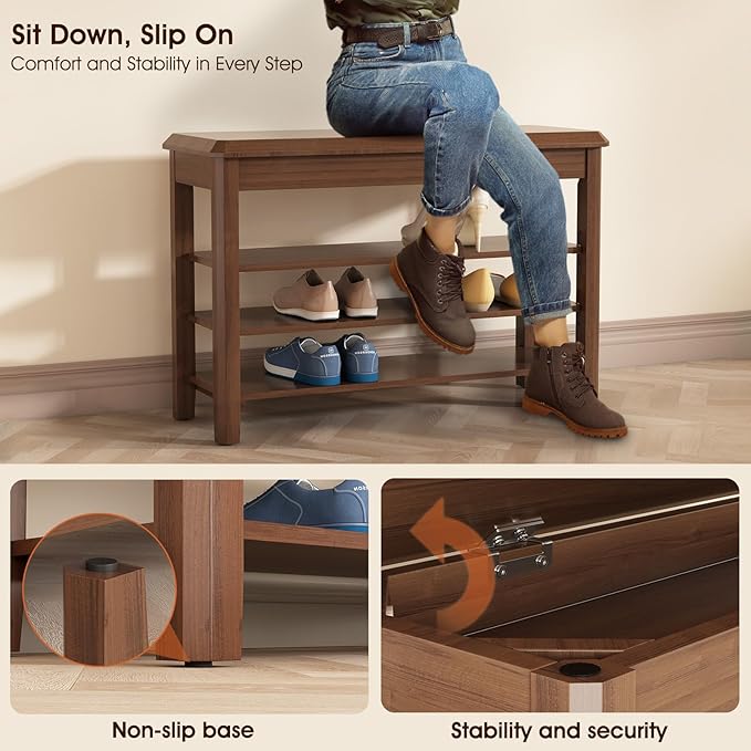 Shoe Rack Bench Seat Rubberwood 3-Tier Wooden Storage Bench 550lbs Compact Mid-Century Modern Design for Entryway, Hallway, Closet, Front Door Entrance, Foyer-NeatNest