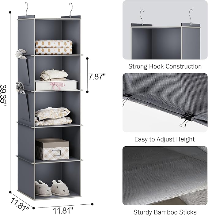Hanging Closet Organizer, 5-Shelf Closet Hanging Storage Shelves, Grey-NeatNest