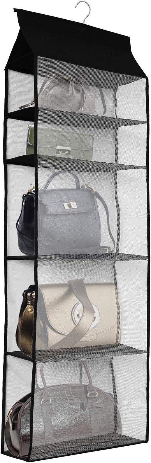 Improved Closet Handbag Purse Holder with 5 Large Heavy-Duty Mesh Shelves, Space Saving Hanging Handbag Storage Tote Bag Organizer Holder for Wardrobe Closet(Black)-NeatNest