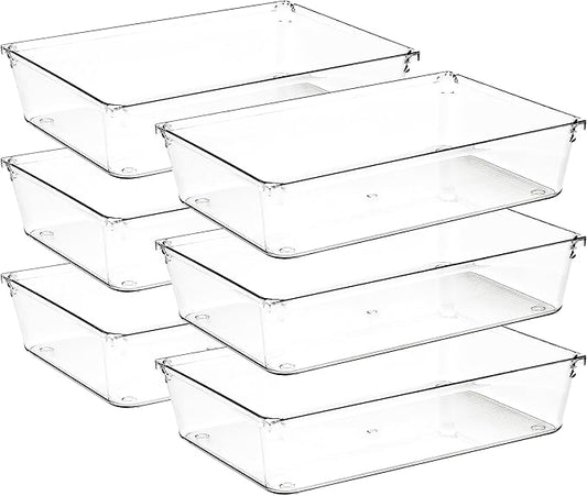 6 Pack Drawer Organizer - 6" X 9" Clear Acrylic Storage Bins with Non-Slip Pads, Versatile Desk Tray for Makeup, Jewelry, Kitchen, Bathroom, and Office Organization-NeatNest