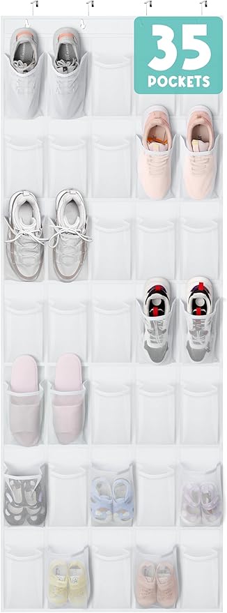 Tiblue Over The Door Shoe Organizer 35 Mesh Pockets Hanging Shoe Organizer Shoe Rack For Door Closet Entryway Bedroom Pantry Organizer - Shoe Holder Hanger For Sneakers, Women High Heeled Shoes White-NeatNest