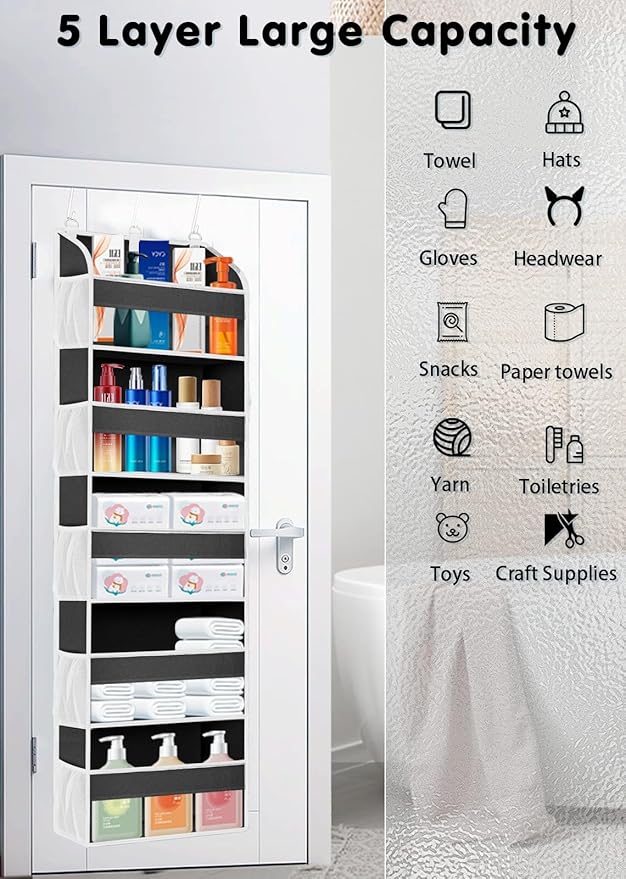 1 Pack Over The Door Organizer Storage, Hanging Organizer Closet with 5 Large Pockets 10 Mesh Pockets, 44 lbs Weight Capacity, Behind Door Storage for Nursery Bedroom Bathroom (Dark Grey)-NeatNest