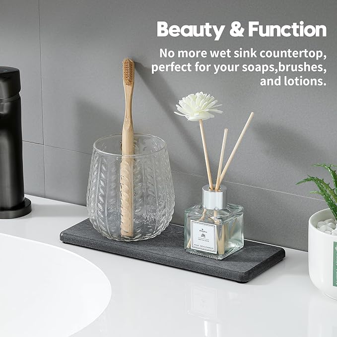 2PCS Bathroom Trays, Water Absorbing Diatomite Stone Quick Drying Mat for Kitchen Counter, Dish Rack Soap Dispenser Sponge Holder Caddy Sink Vanity Organizer, Dark Gray Slate,9"x3.5"-NeatNest