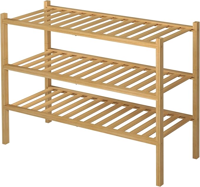3 Tier Bamboo Shoe Rack for Closet Free Standing Wood Shoe Shelf Storage Organizer for Entryway Small Space Stackable 27"x11"x20" (Natural)-NeatNest