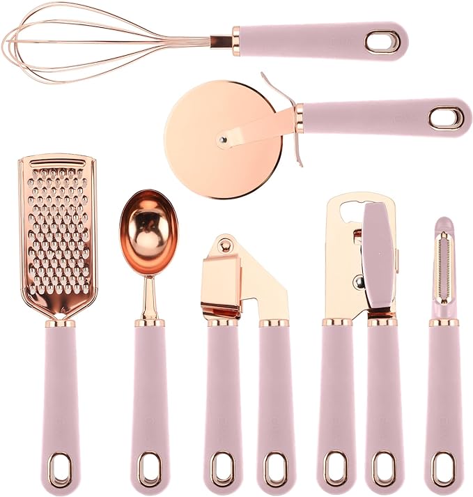 COOK WITH COLOR Kitchen Gadget Set Copper Plated Stainless Steel Utensils with Soft Touch Handles, Copper Pink, 7 Pieces-NeatNest