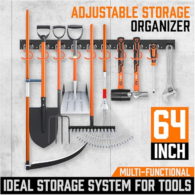HORUSDY 64 Inch Adjustable Storage System, Wall Mount Tool Organizer, Tool Hangers for Mop and Broom Holder Shovel, Rake, Broom, Mop Holder, Etc-NeatNest