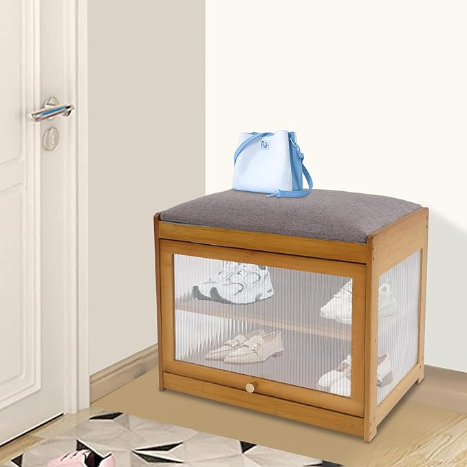 Eapmic Shoe Storage Bench, Entryway Shoe Rack Bench with Padded Seat Cushion, 2-Tier Shoe Cabinet, Bamboo Shoe Organizer for Hallway Bedroom Living Room Front Door (Brown, 19.69 * 12.6 * 17.32in)