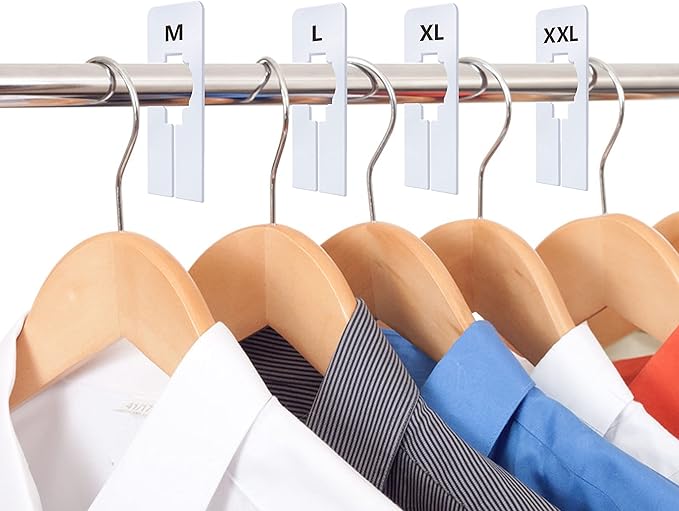 40 Pack Rectangular White Plastic Clothing Size Closet Rack Dividers Hangers, Preprinted in 8 Sizes XXS, XS, S, M, L, XL, XXL, XXXL (2.5”x 5”, Inner Diameter 1.38”)-NeatNest