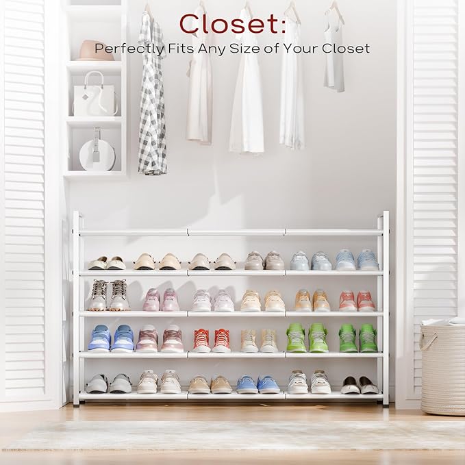 Bumusty 5-Tier Long Expandable Shoe Rack for Closet, 18"-44" Adjustable Shoe Rack for Entryway, 25-30 Pairs Large Shoe Organizer Shelf Storage, Sturdy Metal, White-NeatNest