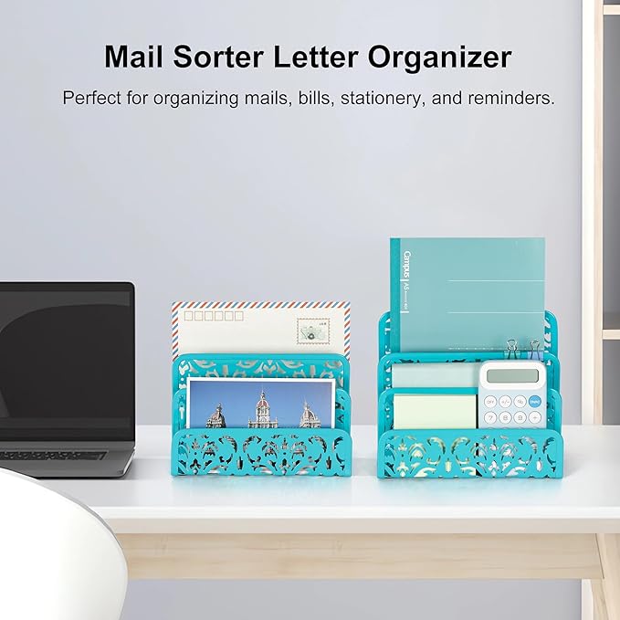 EasyPAG Mail Organizer Countertop, Desk Mail Sorter for Envelope, Small Vertical Letter Holder for Office Home, 2 Pack, Dark Teal