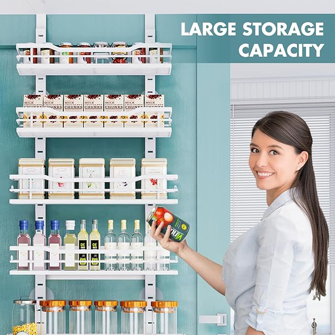 Over The Door Pantry Organizer，6-Tier Over The Door Organizer with Adjustable Basket，Metal Hanging Pantry Organizers and Storage for Kitchen, Back of Door Seasoning Rack (White)