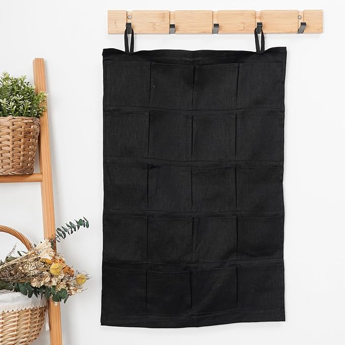 100% Linen Hanging Storage Bag with 20 Pockets, Wall Hang Over The Door Closet Organizer for Socks Underpants, Black