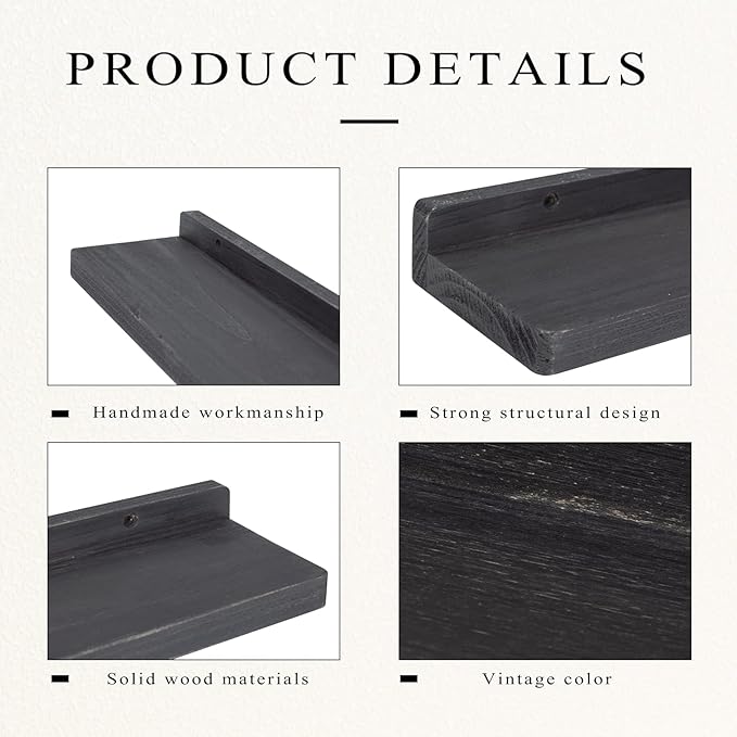Freezing point Floating Shelves for Wall Set of 2 Natural Wood 16Inch Wall Shelf Decor Plant Display Collectibles Mounted Kitchen Bathroom Bedroom Corner Decorative Storage Stand Black-NeatNest