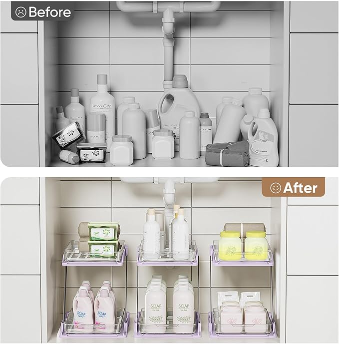 3 Pack Bathroom Organizers and Storage - Multi-Purpose,2-Tier Clear Pull Out Organization for Bathroom,Under Sink,Kitchen,Vanity,Countertop,Cabinet,Pantry & Medicine Cabinet,Pink-NeatNest