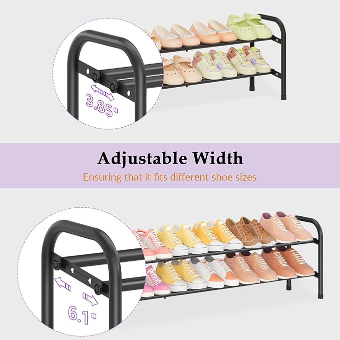 2 Tier Shoe Rack, Shoe Organizer for Closet, 28“ Metal Shelf Can Expandable to 42“, for Bedroom, Entryway, Closet, Garage, Adjustable to 12 Pairs Shoes, Black-NeatNest