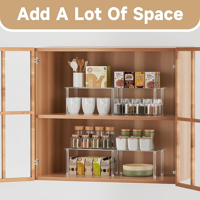 2 Pack Acrylic Cabinet Organizer, Clear Cabinet Organizer Shelf, Stackable, Expandable, Spice Rack, Adjustable Counter Shelf for Makeup, Bathroom, Cupboard, Desk, Kitchen Pantry Organization-NeatNest