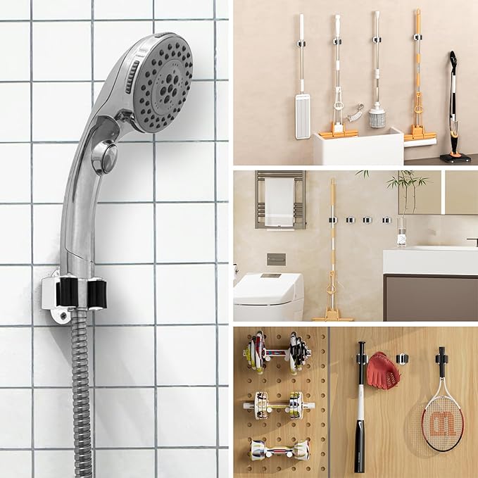 Adhesive Broom Holder Wall Mount - 9 Pack Mop Hanger Cleaning Tools Handle Grippers Organizers - Heavy Duty Metal Broom Clip Hooks for Laundry Room Utility Closet Garage Garden Bathroom (White)