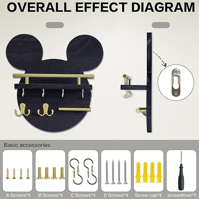 AIRPOP Disn Key Holder for Wall–Mouse Wooden Mail Organizer Wall Mount with Shelf and 6 Hooks, Easy Installation Key Rack Hanger for Entryway Living Room Home Decor (Black)