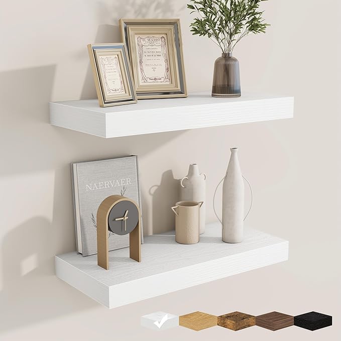 fuqing Floating Shelves for Wall, Bathroom Shelf Wall Mounted for Storage, Shelves with Invisible Bracket for Bedroom, Kitchen, Living Room, Farmhouse Small Book Shelf, 16 Inch Set of 2, White-NeatNest