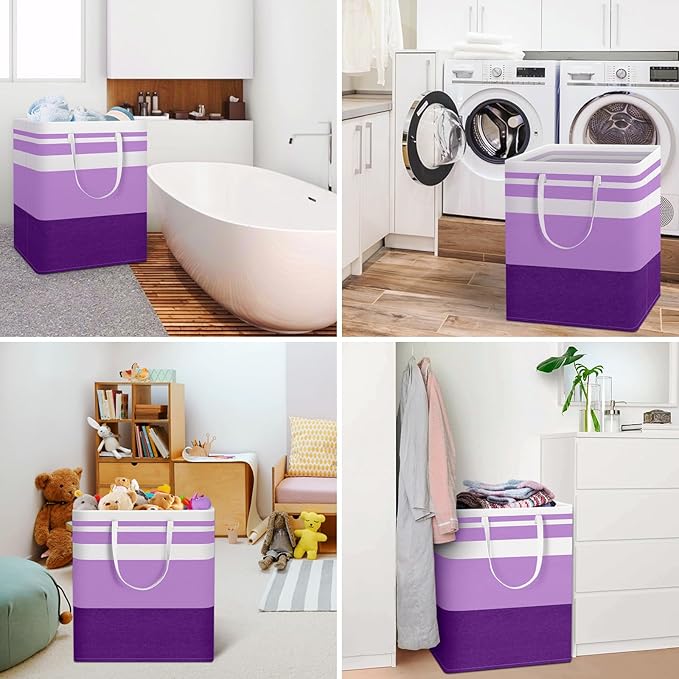 HomeHacks 2 Pack Large Laundry Baskets, Waterproof, Freestanding Laundry Hampers, Collapsible Clothes Hamper with Reinforced Handles in Laundry, College Dorm, Bathroom, Bedroom (Purple, 100Lx2)-NeatNest