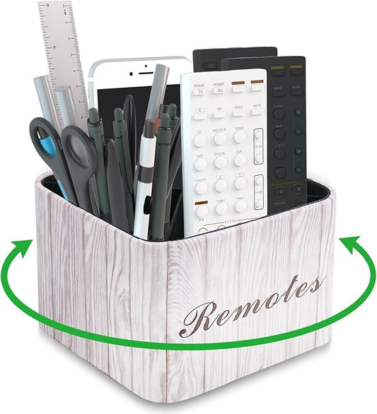 Hennaja Square Leather Art Supply Organizer,Remote Control Holder with Removable Dividers,360°Rotatable Pencil Holders,4 Compartments Organizer for Office Supplies Storage Box(1-Light Grey)-NeatNest