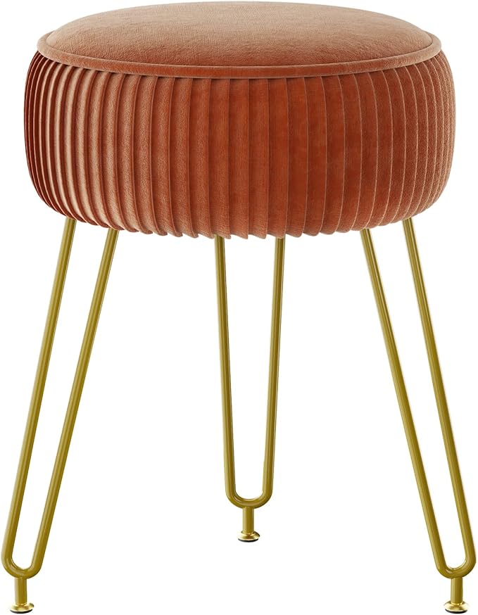 IBUYKE Velvet Round Footrest Stool Ottoman, Makeup Vanity Stool Side Table, Velvet Dressing Table Seat, Pouf Couch Stool, Golden Steel Legs, Orange LG-30J
