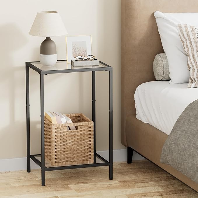 Side Tables Set of 2, End Tables with Tempered Glass, 2-Tier Nightstands with Storage Shelves, Coffee Table with Modern Style, Slim Sofa Table for Living Room, Bedroom, 11.8" D x 15" W, Black