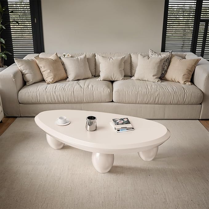 Irregular Coffee Table with 3 Oval Legs Cream White Live Edge Coffee Table Modern Cute Cloud Indoor Central Table Low Tea Table for Living Room Easy Assembly,Water Drop c White 39.4"