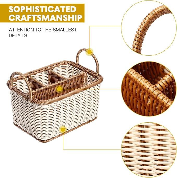 Cabilock Wicker Flatware Organizer, Cutlery Holder for Countertop, Woven Cutlery Storage with Handles, 4 Compartments Utensil Tableware Basket-NeatNest