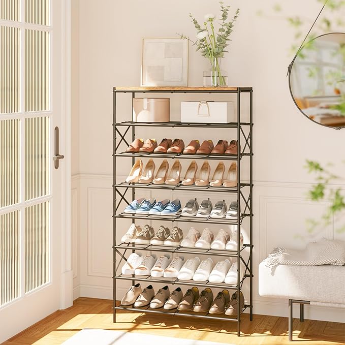 IBUYKE 8 Tier Shoe Rack, Large Capacity Shoe Storage Organizer for 32 Pairs of Shoes, Metal Shoe Storage Rack with Shelf for Entryway Hallway Closet Garage, Rustic Brown and Black TXJ018H-NeatNest
