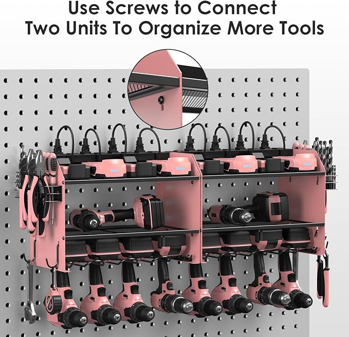 CCCEI Modular Power Tool Organizer Wall Mount with Charging Station. Garage 4 Drill Storage Shelf with Hooks, Drill Bit Heavy Duty Rack, Pink Tool Battery Holder Built in 8 Outlet Power Strip.-NeatNest