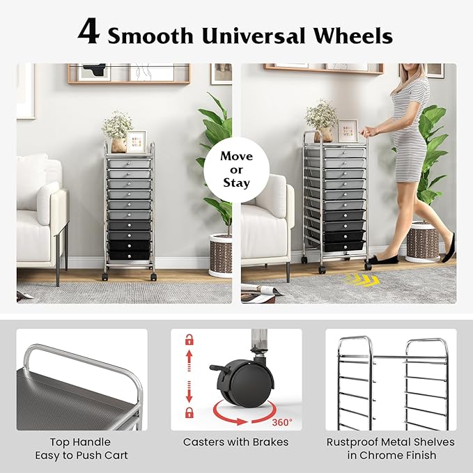 Giantex 10-Drawer Storage Cart w/Universal Wheel, Rolling Cart w/Handle, Home Organizer Storage Unit w/Removable Drawers, Trolley Utility Cart for Kitchen Makeup Living Room Office Play Room