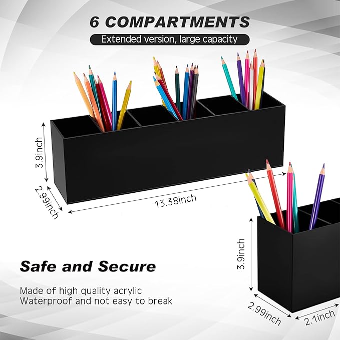 Jetec Acrylic Pen Holder 6 Compartments Makeup Brush Stationery Organizer Pencil Holder for Desk Accessories, Cosmetic Brushes, Dorm, Home, Bathroom, Kitchen, Office Supplies(Black)-NeatNest