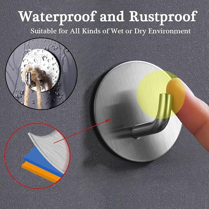 8 Pack Silver Adhesive Wall Hooks, Towel Hooks for Bathrooms, Sticky Hooks for Hanging, Stick on Wall Mount for Bathroom Kitchen Bedroom No Drill