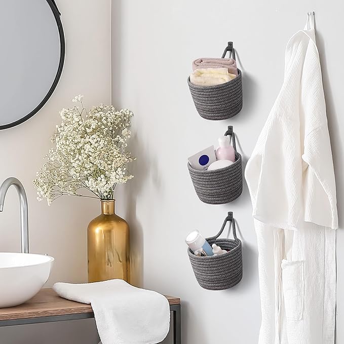 Fabric Wall Hanging Baskets - 3Pack Woven Pouchs Boho Style Wall Mounted Bag with Adhesive Hooks, Storage Organizers and Decoration Pocket Caddy Bins on Door Rack (Dark Gray & Black, Large)