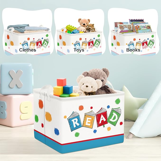 Clastyle Collapsible Back to School Reading Book Storage Basket Dr Quotes Book Organizer for Nursery Room Classroom Library Rectangle Kindergarten Daycare Clothes Toys Storage Bin-NeatNest