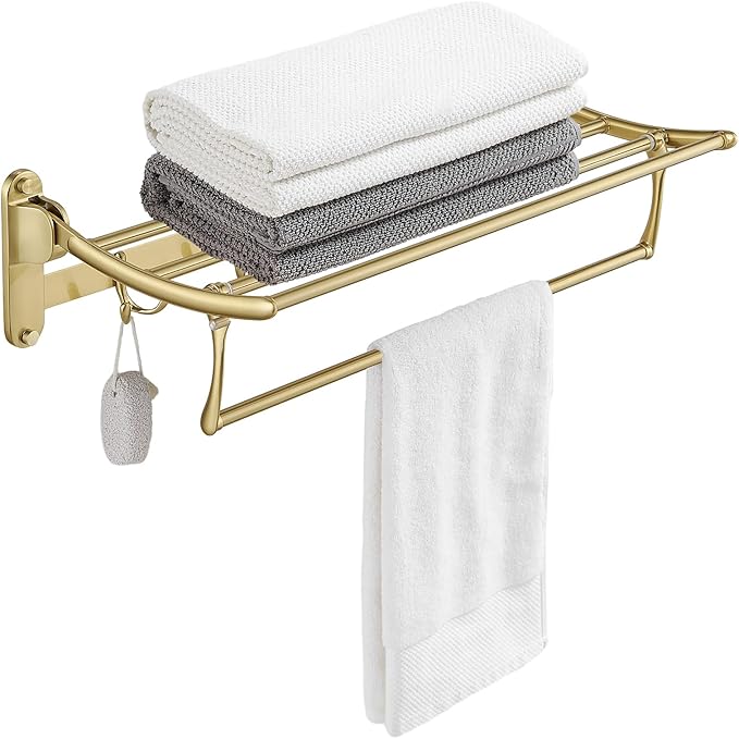 BESy 24 Inch Brushed Gold Towel Racks, Bathroom Towel Shelf with Foldable Towel Bar Holder and Towel Hooks, Wall Mounted Multifunctional Bathroom Accessories, Double Towel Bars-NeatNest