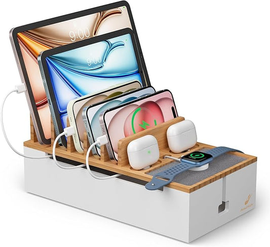 Pezin & Hulin Bamboo Cable Management Box, Wire Organizers for Cords, Charge Station Box, Desktop Dock Organizer Rack for Electronic Device (Include 6 Cables)(No Power Adapter) -Natural + White
