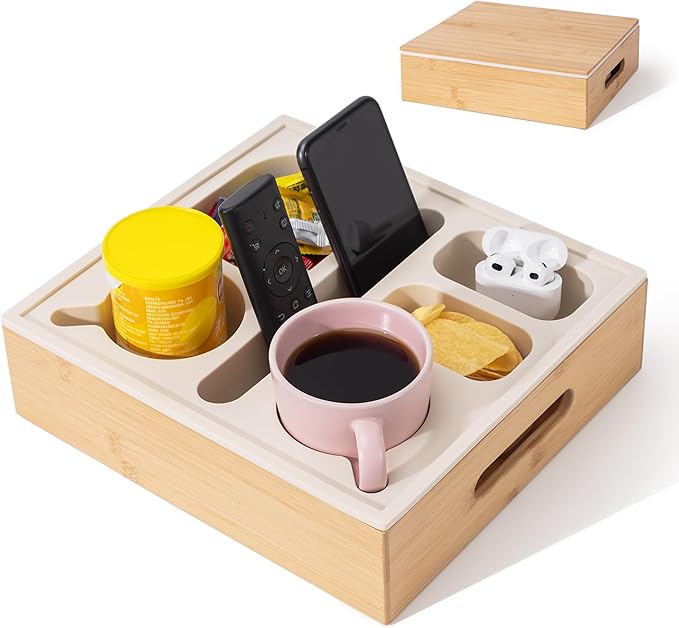 Couch Cup Holder with Lid, Silicone Bed Caddy with Cup Holder, Bed Organizer for Drinks, Snacks, Remotes, Bamboo Couch Caddy for Sofa, Bed and Car(Beige)-NeatNest