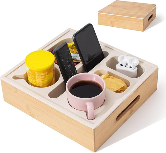 Couch Cup Holder with Lid, Silicone Bed Caddy with Cup Holder, Bed Organizer for Drinks, Snacks, Remotes, Bamboo Couch Caddy for Sofa, Bed and Car(Beige)-NeatNest