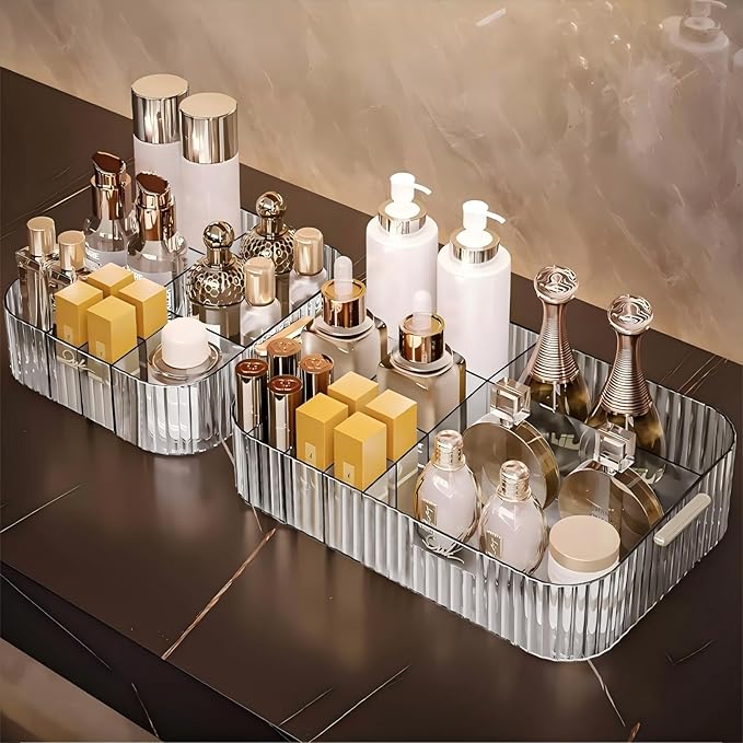 DASITON Large Capacity Makeup Organizer,12 Slots Makeup Brush Holder,Makeup Storage with Handle,Vintage Striped Cosmetic Organizer for Bathroom Countertops,Desk Storage Container(Clear)-NeatNest