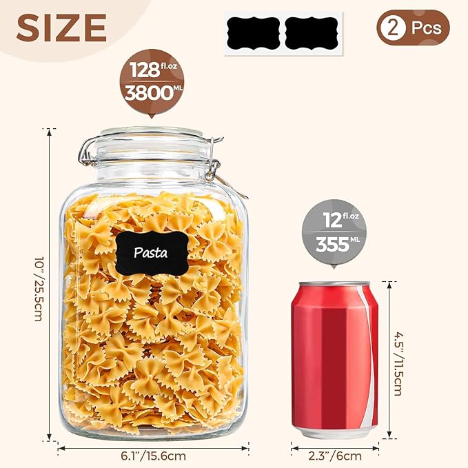 ComSaf 1 Gallon Glass Jar with Lid, Flour Sugar Storage Containers 128oz, Cereal containers storage, Glass Jars with Airtight Lid, Large Storage Containers with Lids for Pickled Egg, Herb, Set of 2-NeatNest