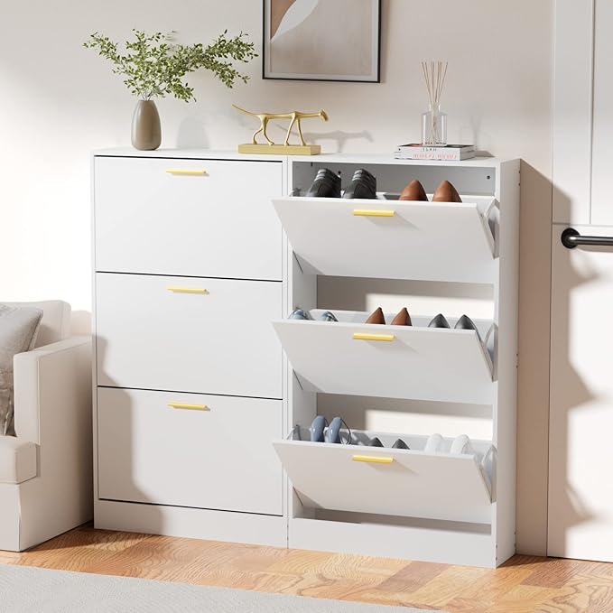 JOZZBY Shoe Cabinet Storage with 3 Flip Drawers for Entryway, White Slim Freestanding Modern Narrow Shoe Organizer Rack Cabinet for Hallway, Living Room, Set of 2-NeatNest