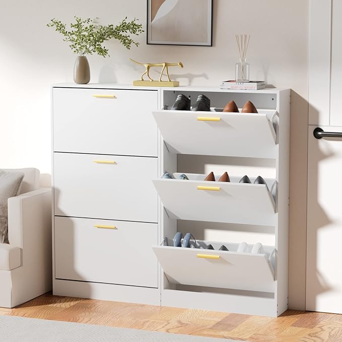 JOZZBY Shoe Cabinet Storage with 3 Flip Drawers for Entryway, White Slim Freestanding Modern Narrow Shoe Organizer Rack Cabinet for Hallway, Living Room-NeatNest